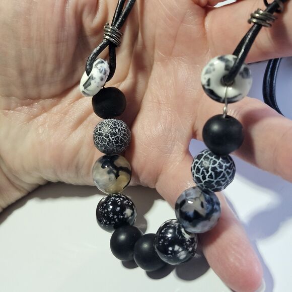 Black And White Themed Semiprecious Beaded Necklace Cord Chain 19-22" - Picture 2 of 15
